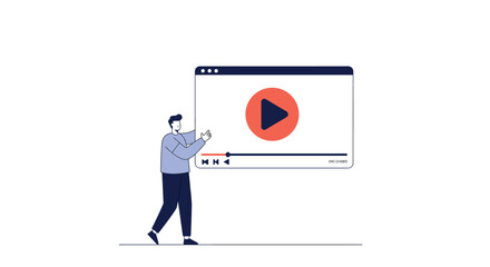Illustration of male character interacting with online video interface for multimedia presentation vector illustration