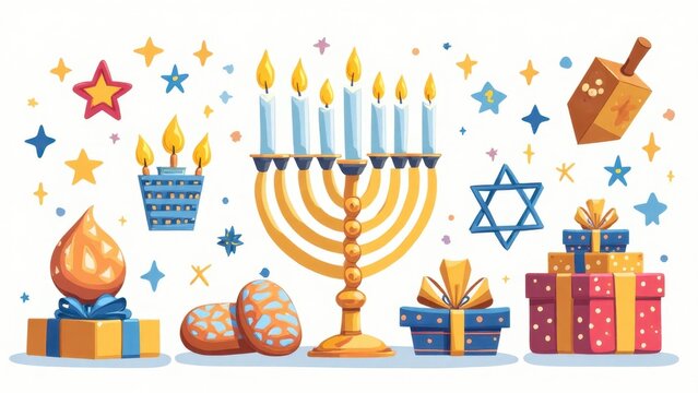 Hanukkah menorah with candles, gifts, dreidel, and sufganiyot