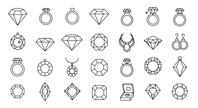 Elegant outline jewelry icons featuring diamonds, rings, earrings, and necklaces vector illustration