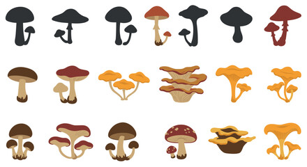 Silhouette and colored mushroom illustrations collection vector illustration