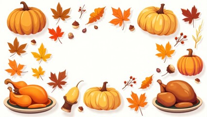 Roasted chicken, pumpkins, and autumn leaves Thanksgiving border design