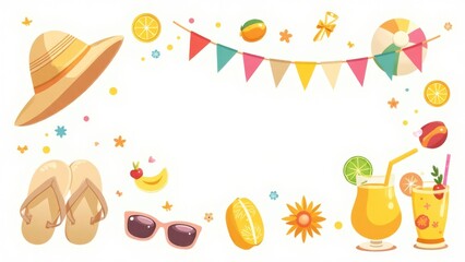 Summer vacation flat lay: beach hat, flip-flops, sunglasses, tropical cocktails, and party decorations