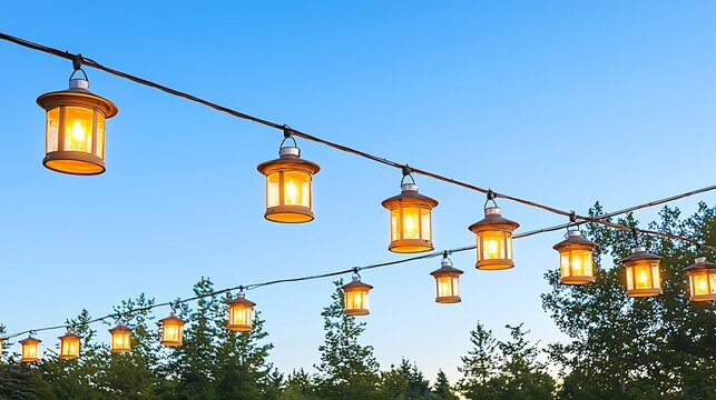 Twilight ambiance on a calm street with rows of traditional lanterns hanging overhead casting soft warm light