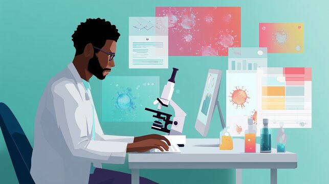 Scientist working on research with a microscope and data analysis in a laboratory environment on a bright day