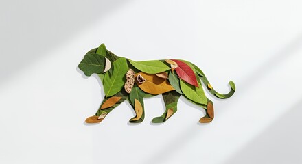 Fototapeta premium Botanical Tiger Shape Made of Green and Red Leaves on White
