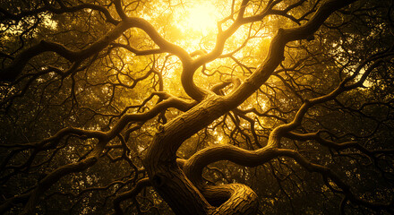 Golden Canopy: A majestic tree, its gnarled branches reaching towards the sun, creating a captivating display of light and shadow, embodying resilience and natural beauty.