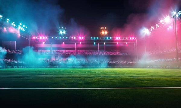 Stadium filled with pink, blue, and purple light beams flashing across foggy football field during musical halftime performance, 4K high resolution video