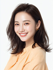 Beauty agency poster model, Korean woman, Asian beauty with fair skin and delicate features with a smile on her face. Standing against the background of white colored wall