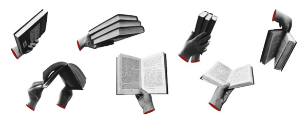 Collage cut outs set, hands holding an open book with retro halftone effect. Vector illustration for media design  isolated on transparent background.