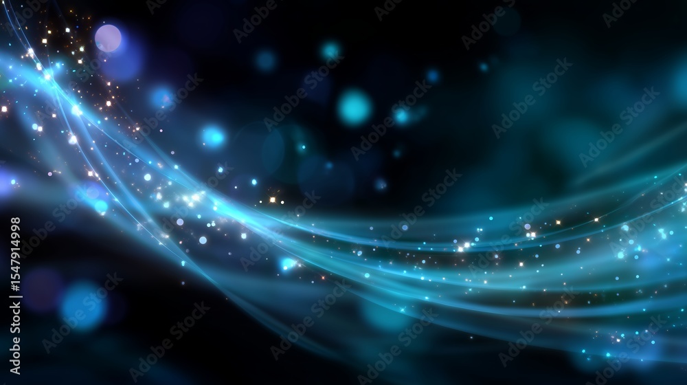 Poster flowing blue waves of light create a dynamic background with shimmering particles in an abstract dig