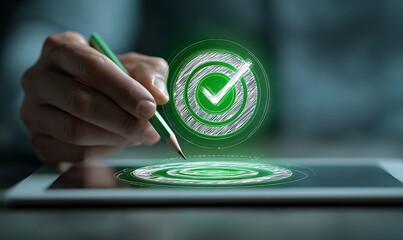 Vibrant photo of businessman's hand holding a pencil and a target with a check mark icon on a virtual screen. Green markers represent positive, balanced progress in a.