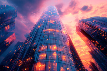 Futuristic glass skyscraper rising sharply against an urban sunset skyline