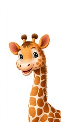 An adorable cartoon giraffe with a friendly expression looks cheerfully into the camera on a bright white background, perfect for kids illustration projects.