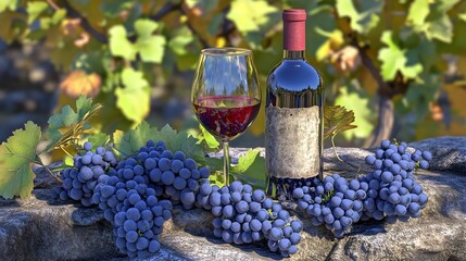 Red wine, Wine bottle, Wine glass, Red Wine Bottle and Grapes on Stone