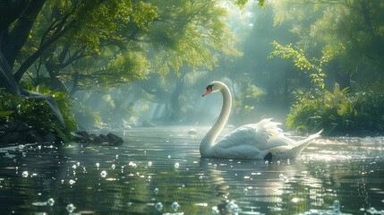 Swan sitting in a stream with natural background