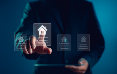 Digital real estate interface concept with hand selecting smart property, ideal for illustrating...