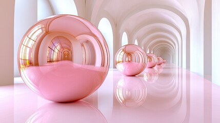 Spherical infographic data balls hovering in a neutral-toned void with soft reflections