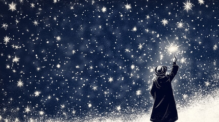 Naklejka premium Wizard lighting stars in a night blue sky. Festive background for winter holidays, Christmas, greeting cards, and magical themes
