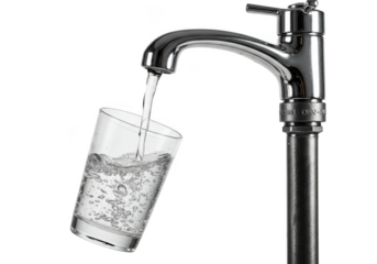 Filling glass with fresh tap liquid potable water from faucet home on transparent background