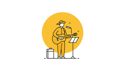 Line Art Musician: Solo Performance with Guitar and Microphone