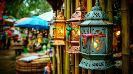 Fototapeta premium Rows of bamboo poles standing upright with colorful lanterns tied ready for festival decoration in an open courtyard