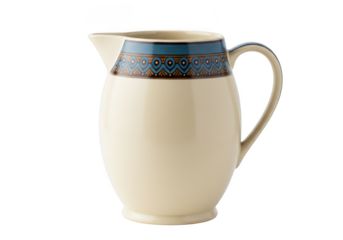 Decorative ceramic pitcher cream color with blue pattern design on transparent background
