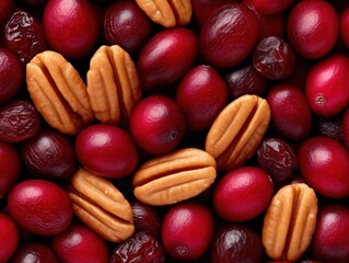 A rich assortment of glossy red cranberries and shelled pecan halves create a visually striking and deliciously appealing background ideal for culinary presentations
