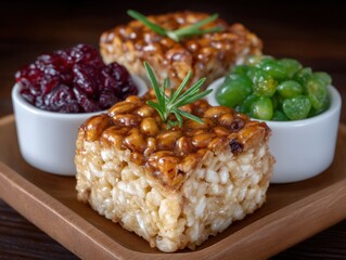 Delightful chewy rice bars with honey glaze served alongside tangy cranberries and vibrant green gummy candies arranged on a rustic wooden platter showcasing delectable treats