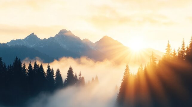 A breathtaking sunrise illuminates majestic mountains surrounded by misty forests, capturing nature's serene beauty and tranquility. - Powered by Adobe