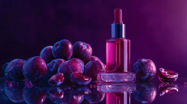 Plum Elixir A radiant serum bottled bathed in ultraviolet glow promises youthful vitality on a