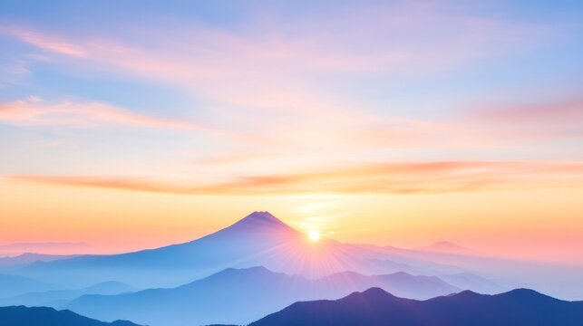 A breathtaking sunrise over majestic mountains, casting vibrant colors across the sky, creating a serene and picturesque landscape.
