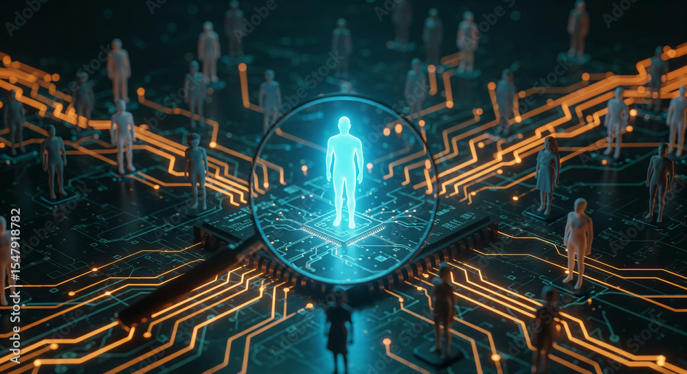 Poster Glowing human figure under magnifying glass on circuit board, surrounded by smaller figures, depicting digital network and data analysis, showcasing individual within a system