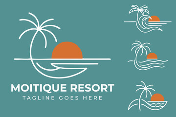 Fototapeta premium Tropical Resort Logo with Sunset and Palm Tree Design