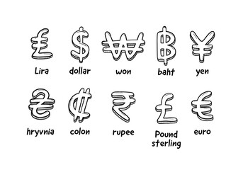 International money currency symbol hand drawn doodle set