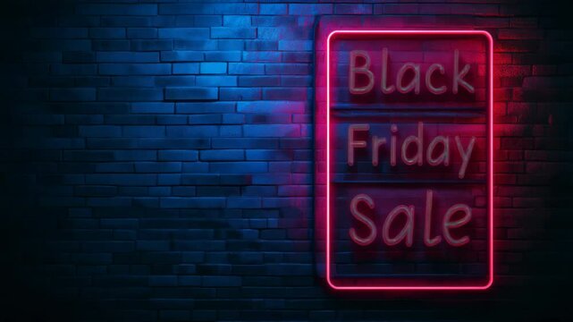 Neon sign Black Friday Sale flashes on a dark brick wall. Night sale atmosphere, vibrant promotional banner with space for text. Concept of discounts, promotions and online shopping.