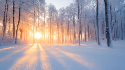 A breathtaking winter forest scene, showcasing sunlight filtering through snow-covered trees, creating a serene and enchanting atmosphere.