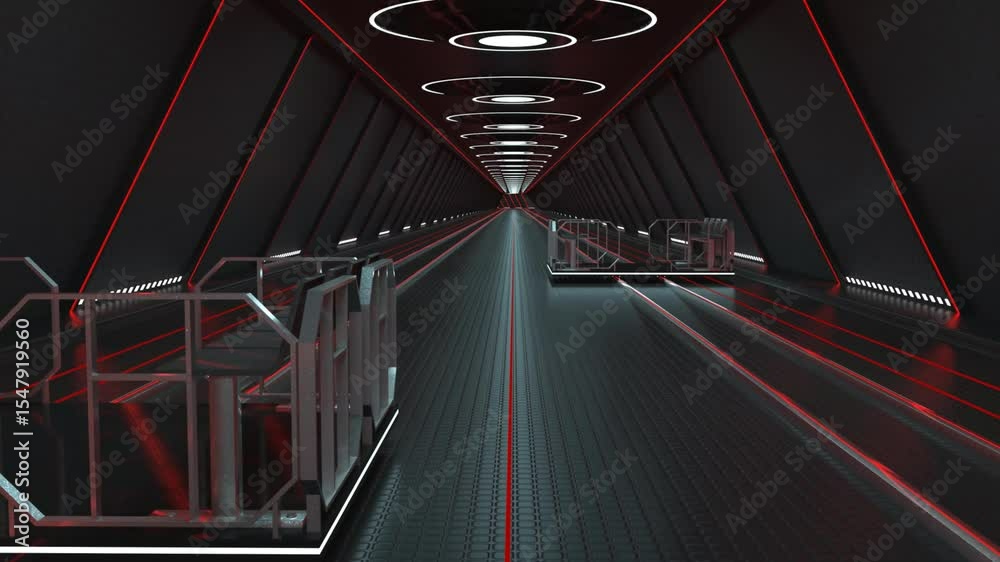Poster 3D rendered animation of a sci-fi transport shuttle in a long dark tunnel.