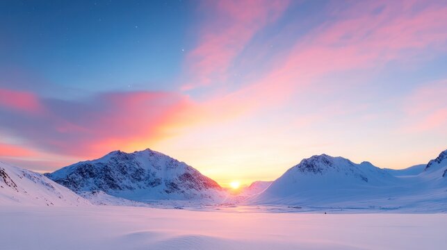 A breathtaking winter landscape showcasing majestic mountains and a colorful sunset over a snowy terrain.