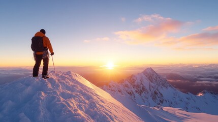 A climber stands on a snow-covered peak, gazing at a breathtaking sunset over distant mountains.