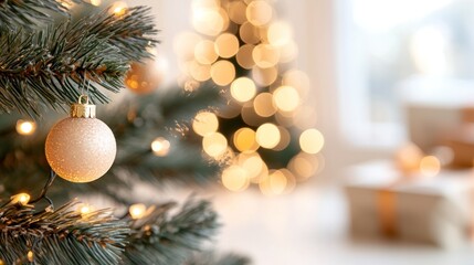A close-up of a beautifully decorated Christmas tree with warm lights and soft bokeh, creating a cozy holiday atmosphere.