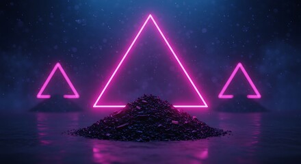 Neon pink triangles illuminate abstract dark background with rocks