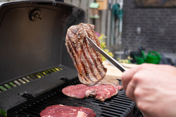 Grilling juicy steaks on barbecue grill in backyard cookout