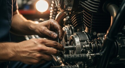 Mechanic working on motorcycle engine with tools in repair shop  