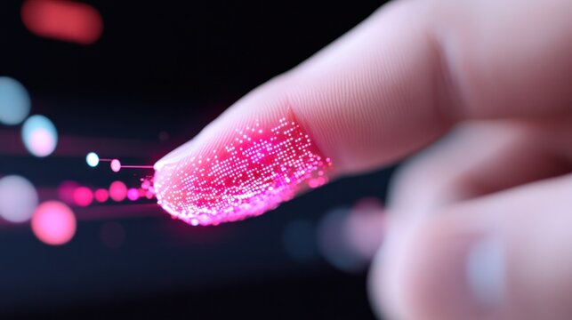 A close-up of a finger with digital patterns, representing technology, data interaction, and innovation in the digital age.
