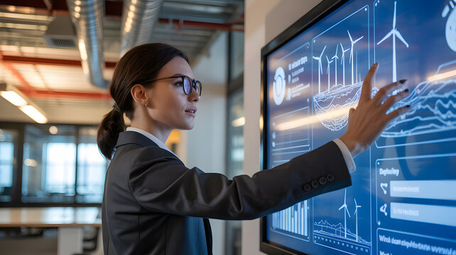 Woman in suit pointing at screen displaying wind turbine data in modern office environment