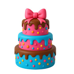A three tiered cake with pink bow and chocolate frosting on a black background design on transparent background