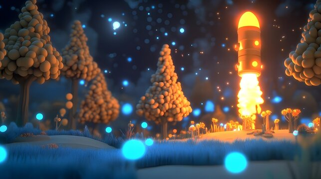 Rocket, Launch, Spaceship, Rocket Launch in a Magical Forest at Night