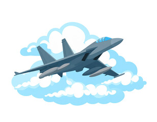 Soaring Fighter Jet in the Sky: An agile fighter jet gracefully cuts through the clouds, showcasing its power and advanced design against a dynamic, sunlit sky backdrop.