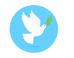 Dove of Peace Icon: A graphic image of a white dove, symbol of peace, bearing an olive branch against a serene blue backdrop, representing tranquility and hope.