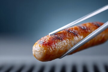 A beautifully grilled sausage is held with tongs against a soft, blurred, dark background.